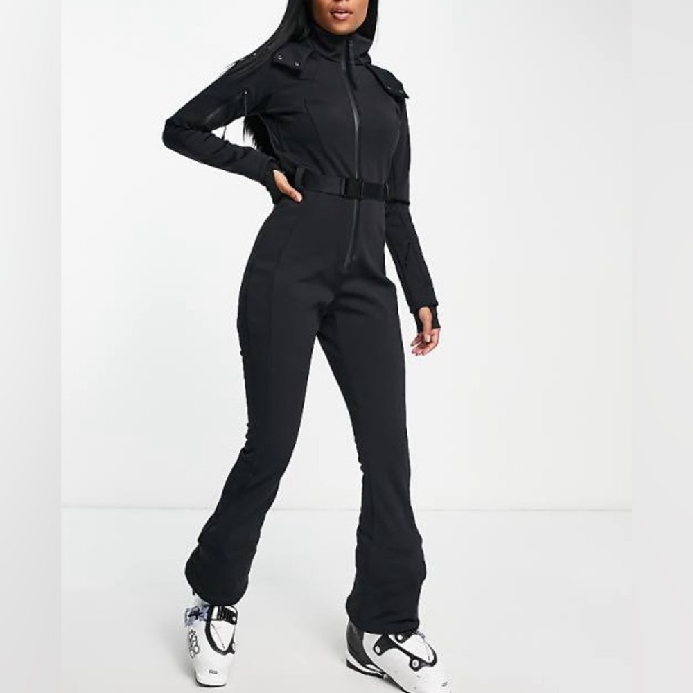 ASOS 4505 Hourglass Belted Ski Suit Slim Kick Leg and Faux Fur Hood Black